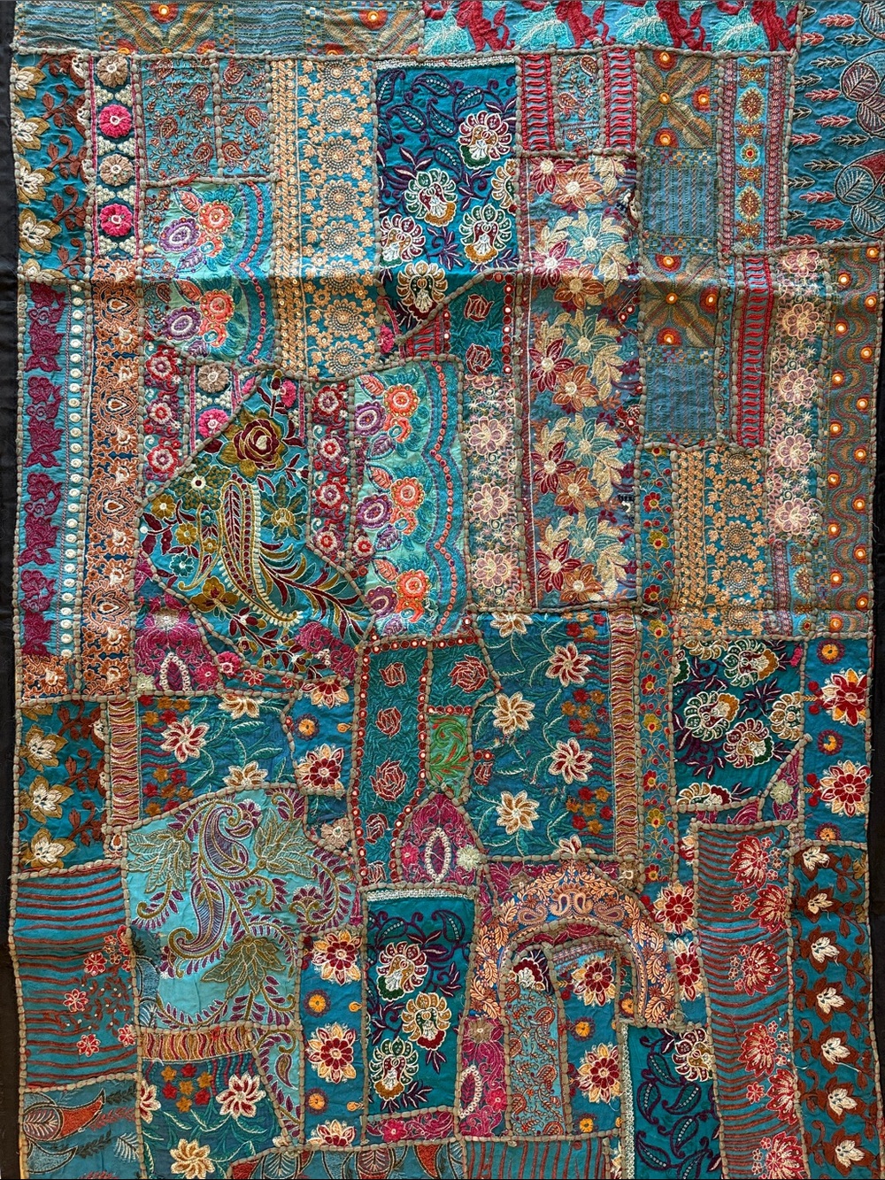 Handmade Vintage Pakistani Tribal Bridal Tapestry in Vibrant Blues & Pinks